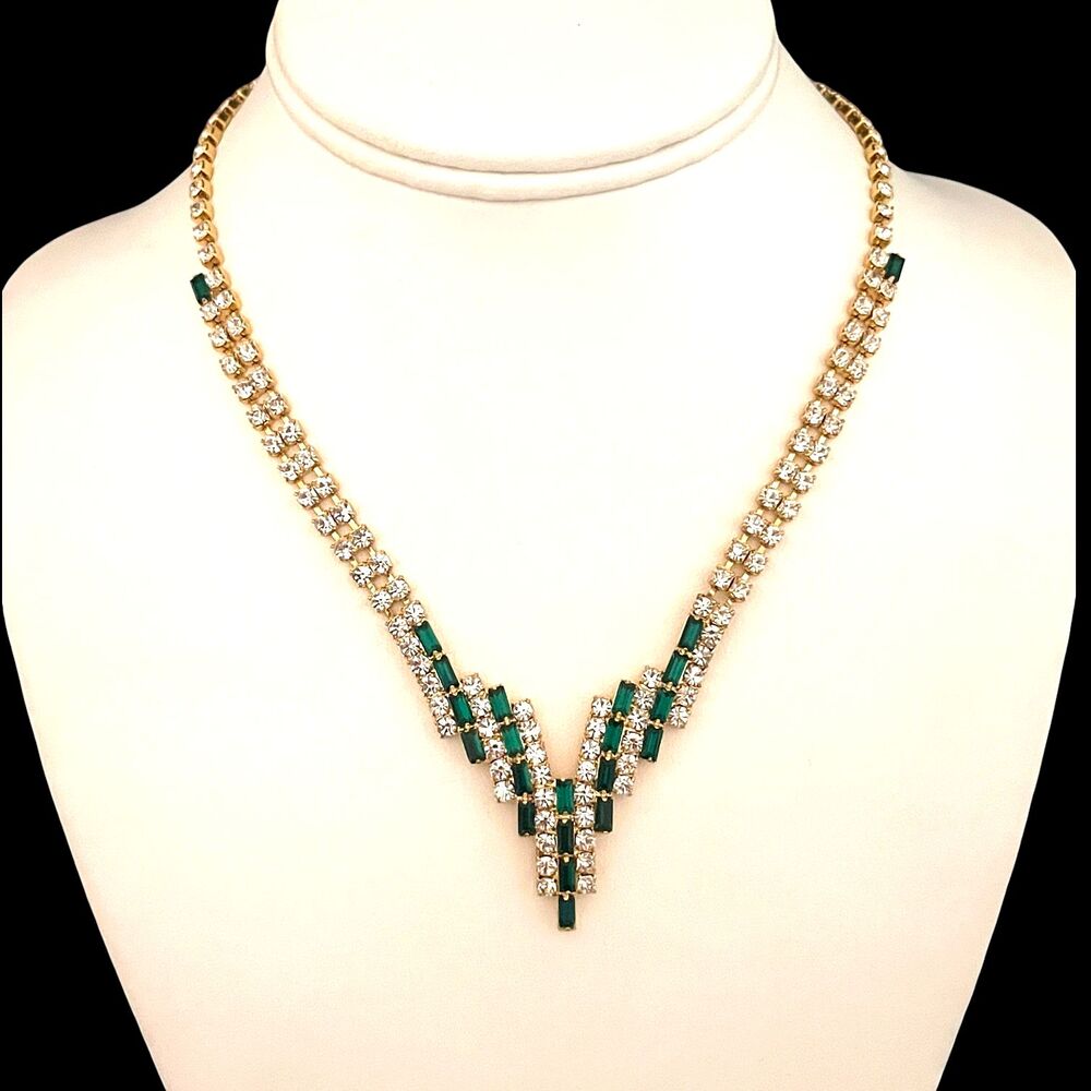 Vintage 1960s Green Rhinestone Bib Necklace Gold Tone Statement - 5V
